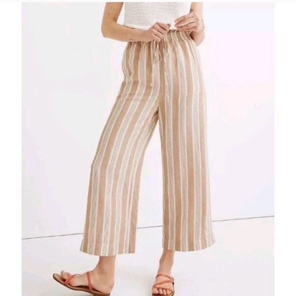 Madewell Smocked Hudson Pull On Crop Linen Striped Wide Leg Cropped Pants - Picture 1 of 8